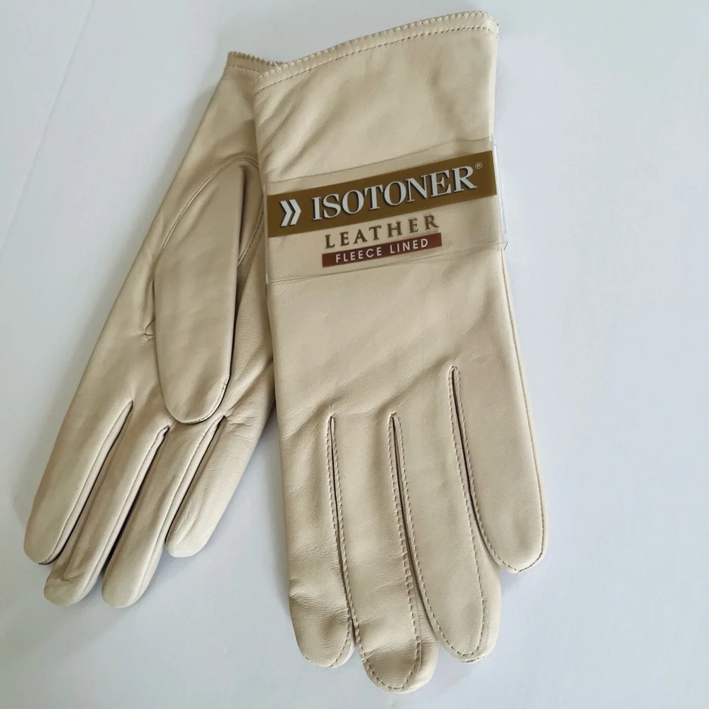 Isotoner Vintage NEW Cream Beige Leather Fleece Lined Gloves Size 8.5-9 Medium